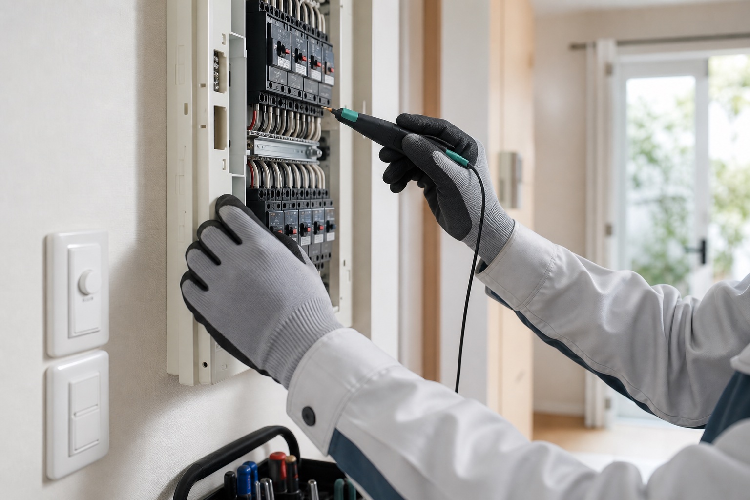 住宅の分電盤を点検する様子