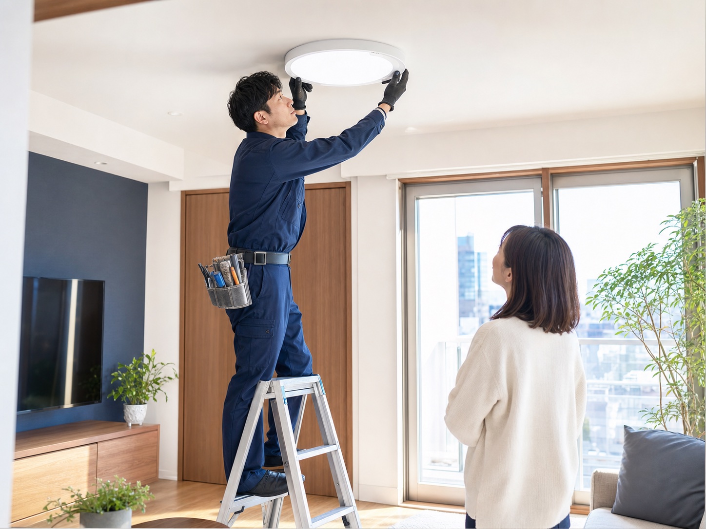 住宅のLED照明を交換する様子