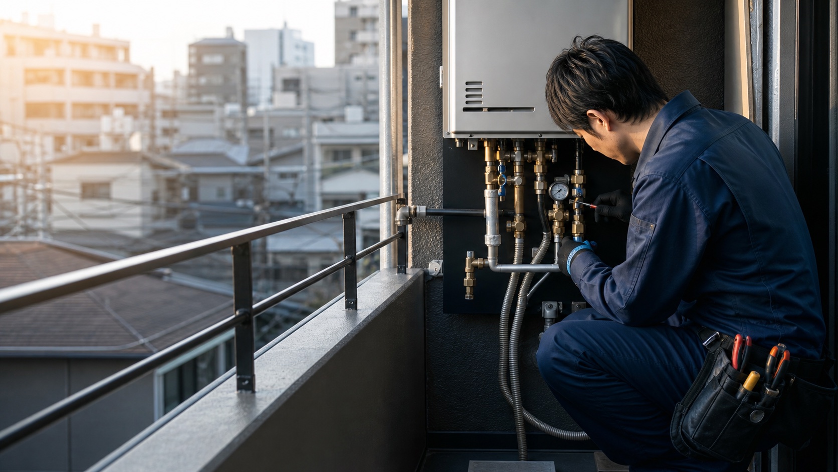 給湯器を点検する技術者